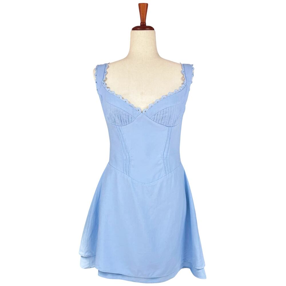 HOUSE OF CB Tilly Blue Pin Tuck Scalloped Eyelet Mini Skater Dress Size M